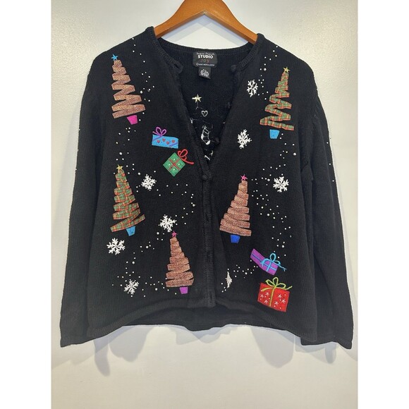 Designers Studio Originals Sweaters - Vintage Black Christmas Cardiagn Petite Large Front Back Holiday Graphic Festive